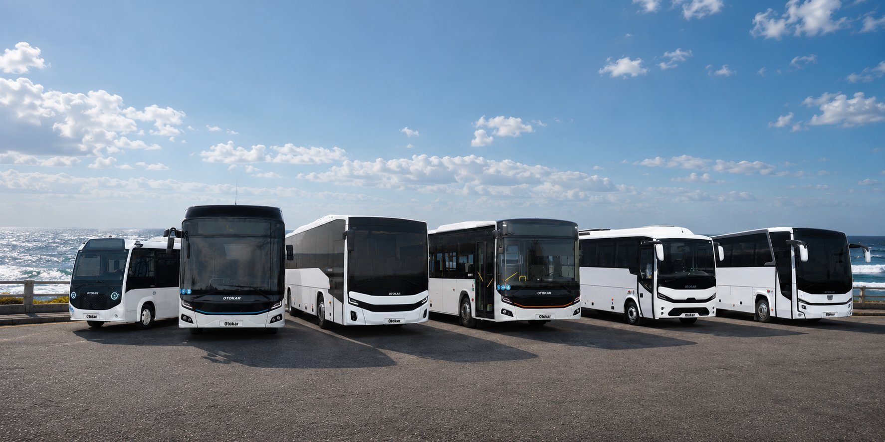 La flotte de bus et autocars Otokar alignée en bord de mer