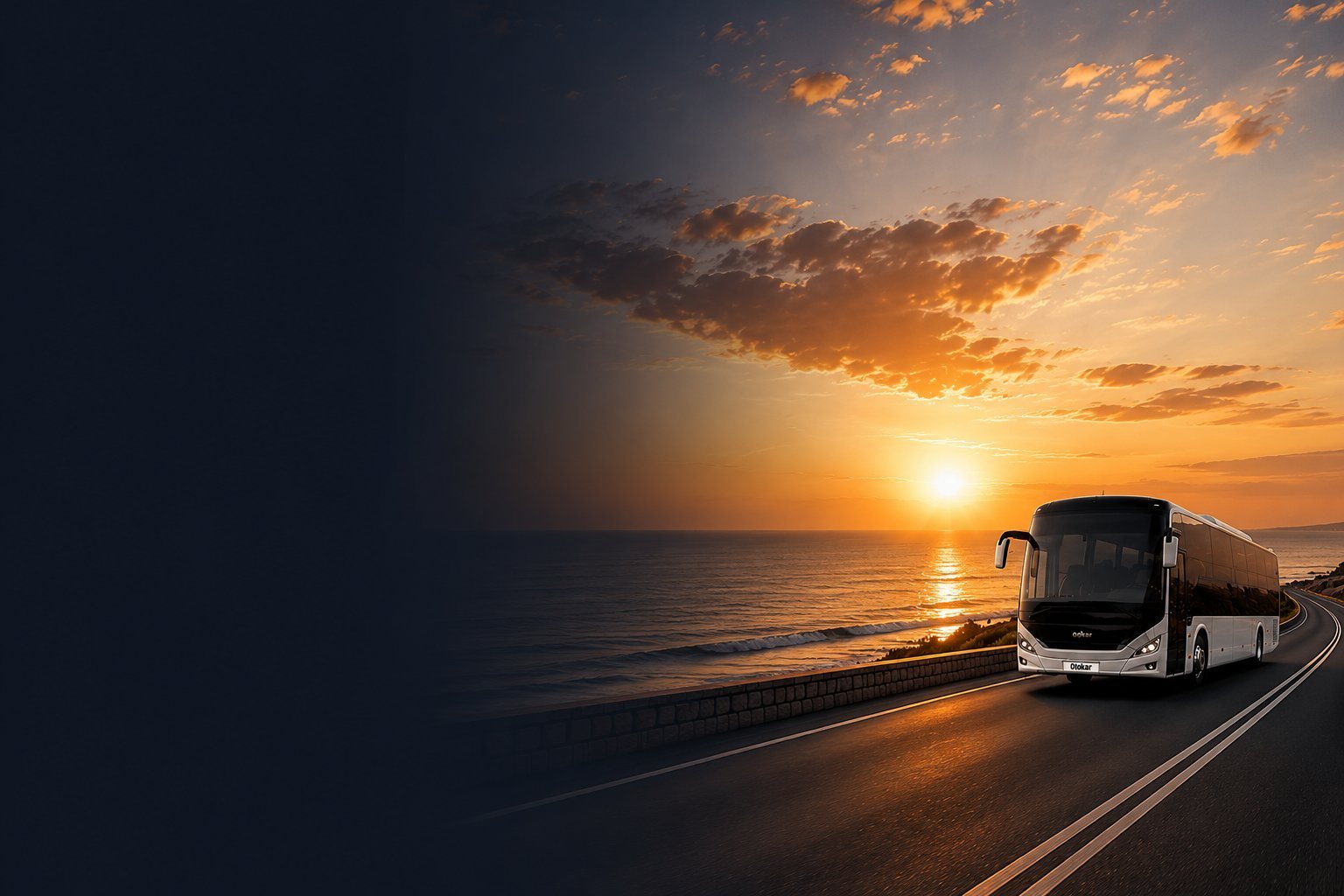 Autocar Otokar sur une route côtière au coucher du soleil