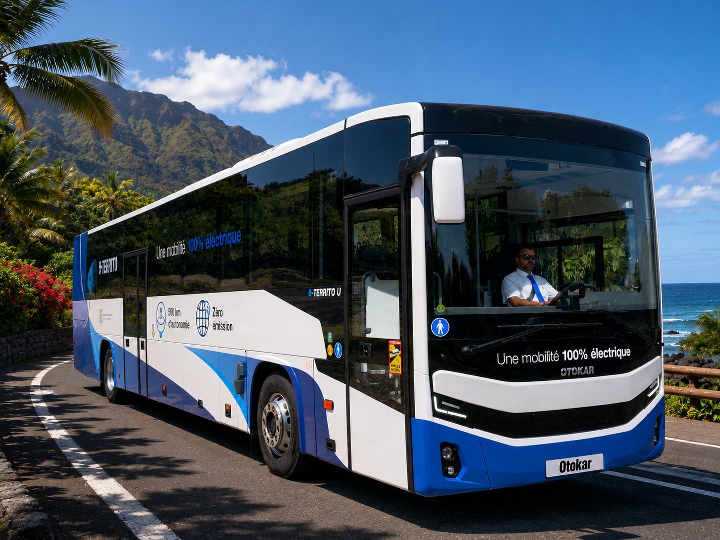 Autocar électrique Otokar e-TERRITO en circulation à La Réunion